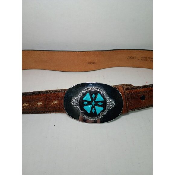 Vtg Litwin Leather Belt With Metal Western Turquoise Stone Buckle Size 30